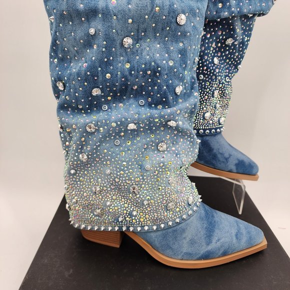 AZALEA WANG Mellow Denim Western Rhinestone Studded Cowgirl Cowboy Boots 7-11 - Picture 7 of 12